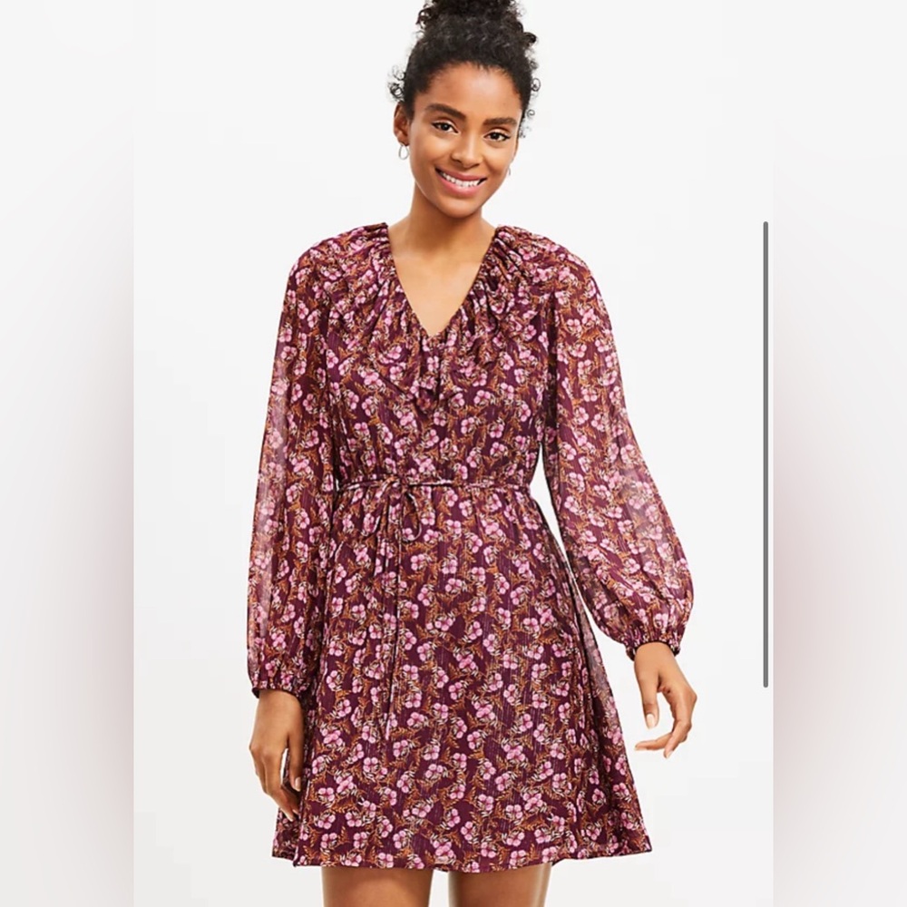 Loft Petite Metallic Stripe Ruffle Tie Swing Dress